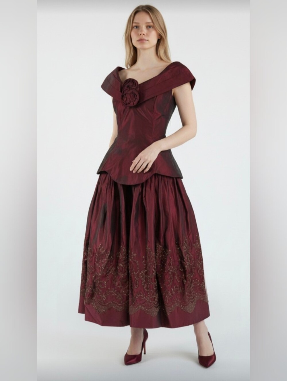 JESSICA MCCLINTOCK! CARDINAL RED HEAVY SATIN, ROSETTES, OFF SHOULDER GOWN! SZ 4